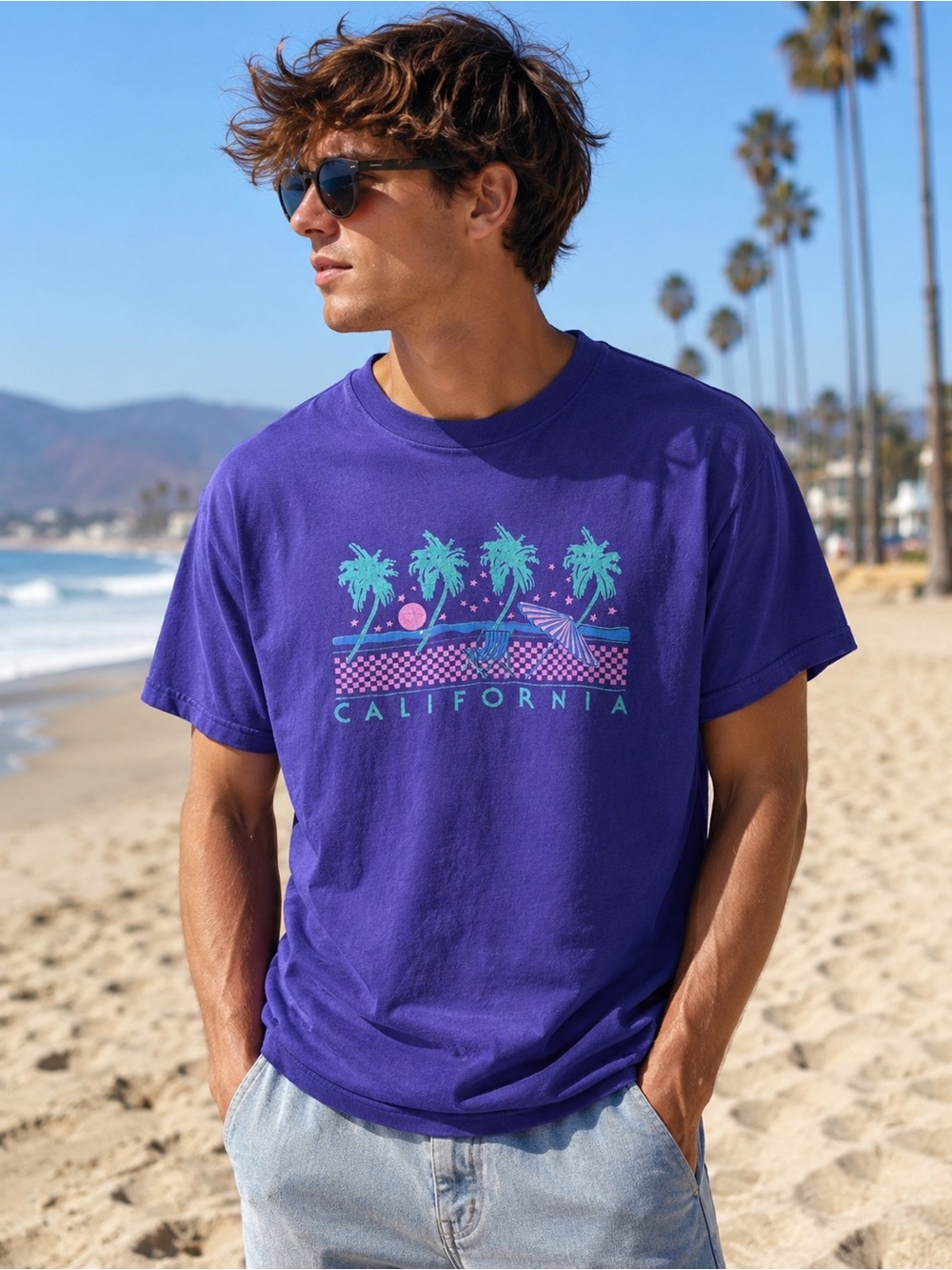 Vintage 90s California Beach Graphic Tee Purple Single Stitch Made USA Medium